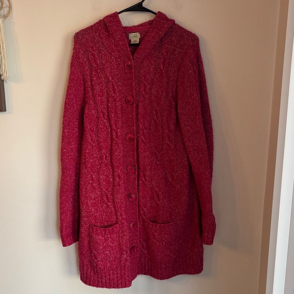 L.L. Bean women chunky cable knit hooded fisherman red long Cardigan sweater XL - Picture 2 of 9